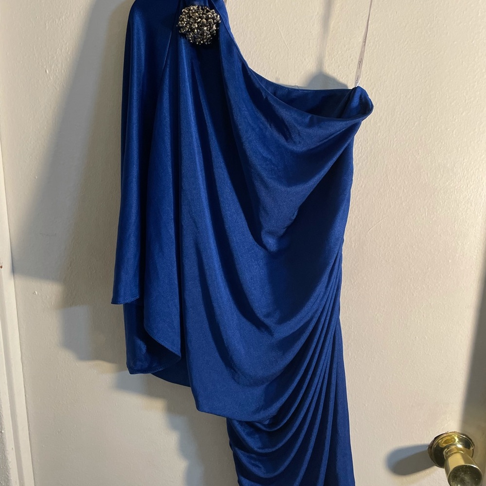 Royal Blue One Shoulder Dress with Silver Broach. Size Medium.